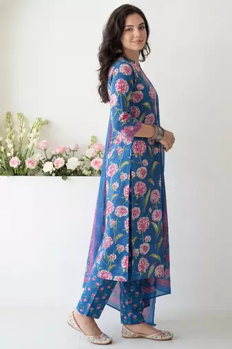 Blue printed pure cotton kurta trouser dupatta set