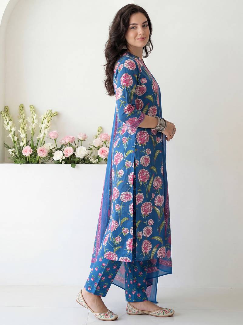 Blue printed pure cotton kurta trouser dupatta set