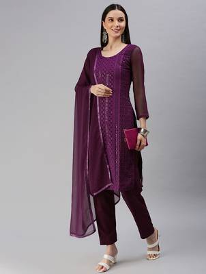Purple Embroidered Unstitched Dress Material 1