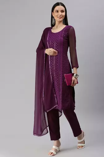 Purple Embroidered Unstitched Dress Material