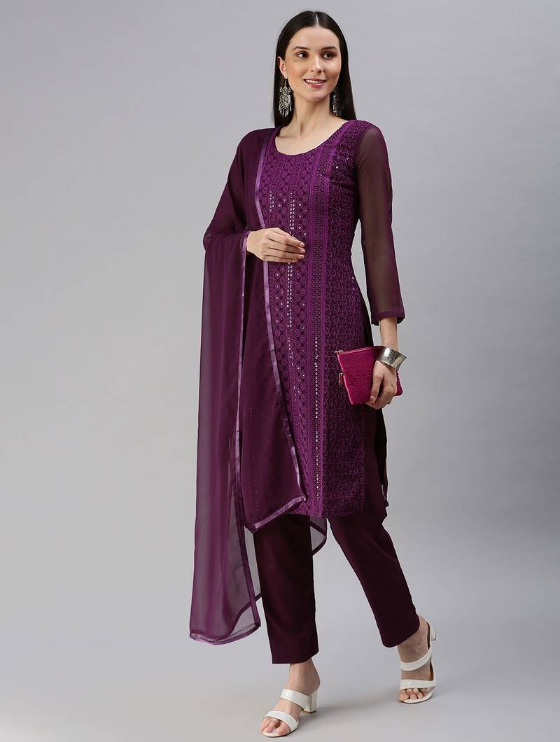 Purple Embroidered Unstitched Dress Material