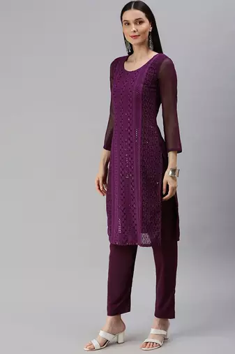 Purple Embroidered Unstitched Dress Material