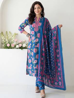 Blue printed pure cotton kurta trouser dupatta set 4