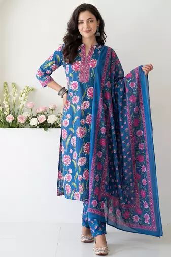 Blue printed pure cotton kurta trouser dupatta set