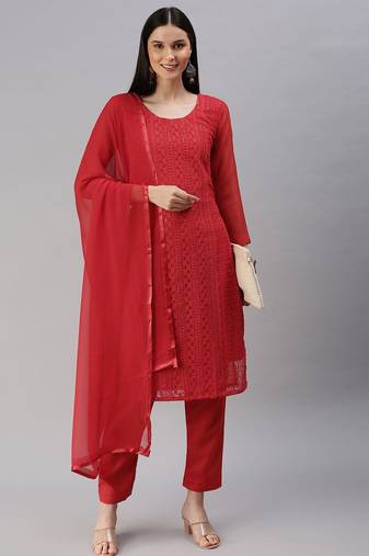 red embroidered unstitched dress material