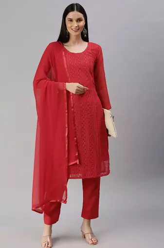 Red Embroidered Unstitched Dress Material