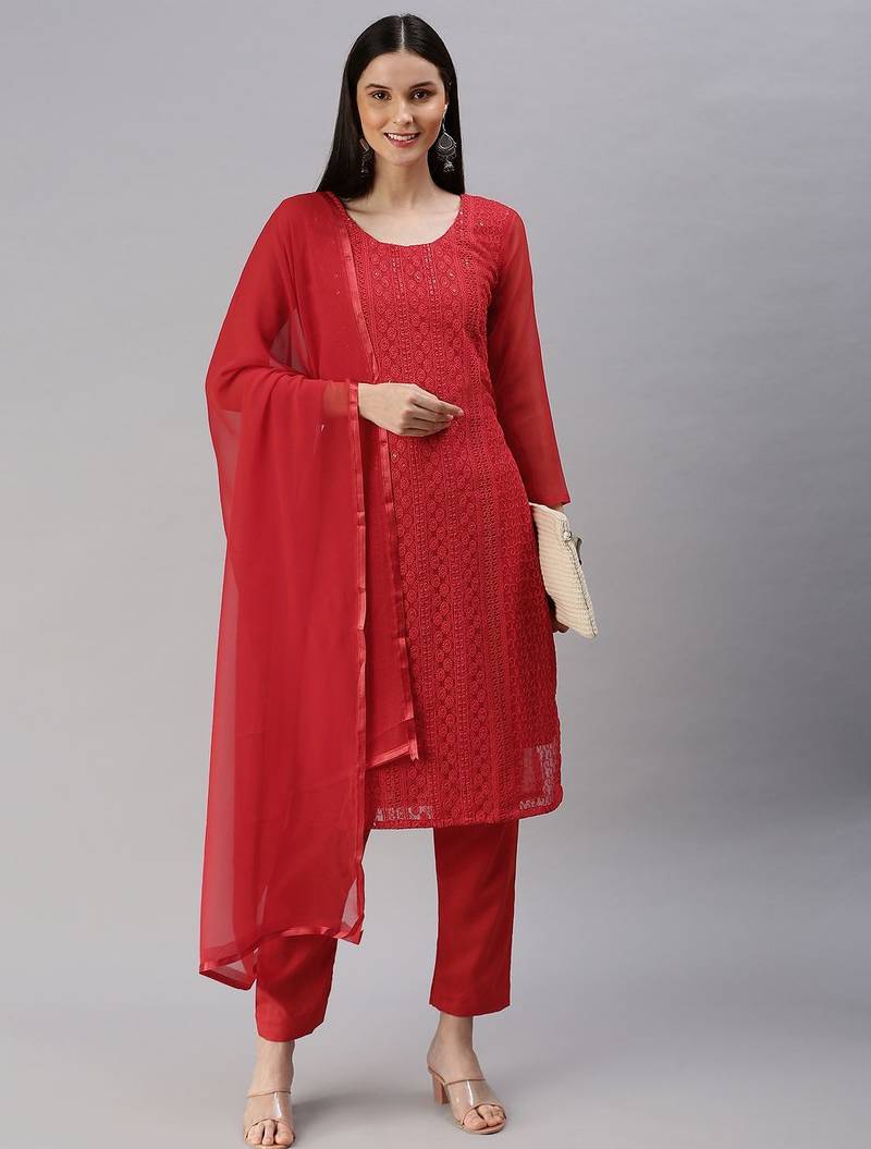 Red Embroidered Unstitched Dress Material
