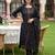 Black embroidered cotton blend kurta trouser dupatta set