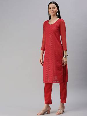 Red Embroidered Unstitched Dress Material 5