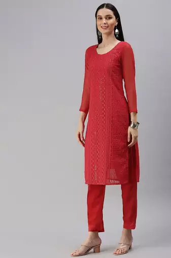 Red Embroidered Unstitched Dress Material