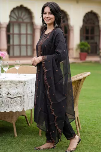 Black embroidered cotton blend kurta trouser dupatta set