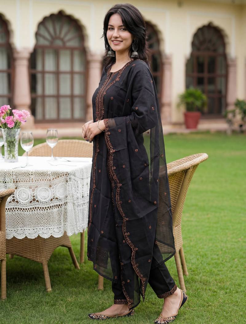 Black embroidered cotton blend kurta trouser dupatta set