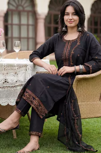 Black embroidered cotton blend kurta trouser dupatta set