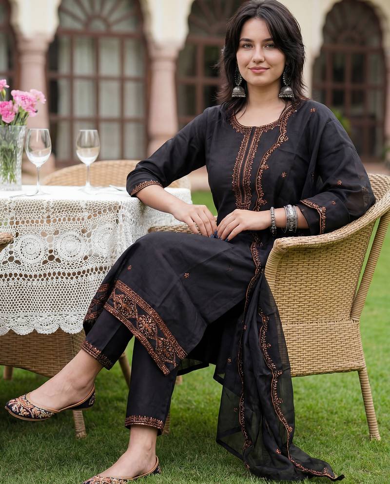 Black embroidered cotton blend kurta trouser dupatta set