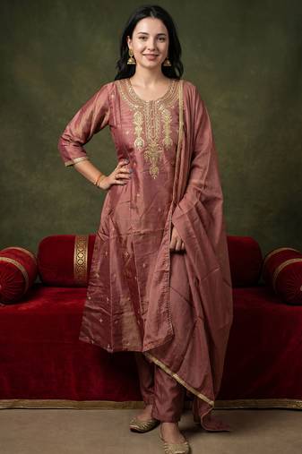 Mauve embroidered silk blend kurta trouser dupatta set