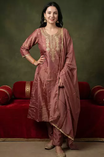 Mauve embroidered silk blend kurta trouser dupatta set