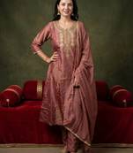 Mauve embroidered silk blend kurta trouser dupatta set