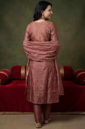 Mauve embroidered silk blend kurta trouser dupatta set