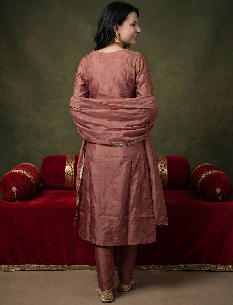 Mauve embroidered silk blend kurta trouser dupatta set