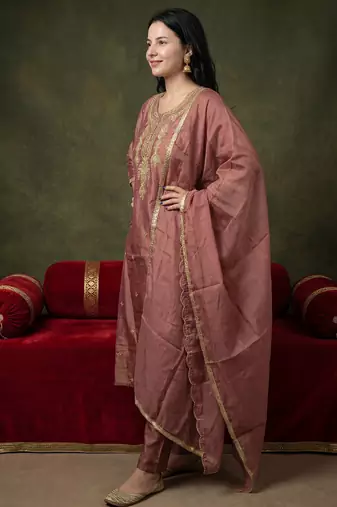Mauve embroidered silk blend kurta trouser dupatta set