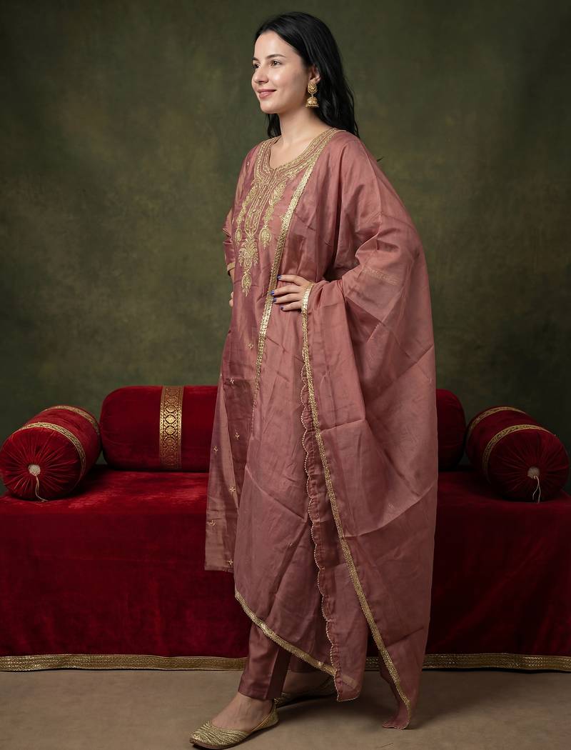 Mauve embroidered silk blend kurta trouser dupatta set