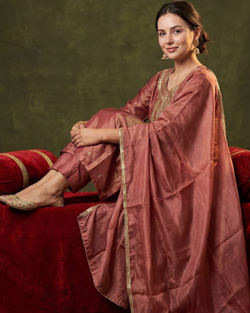 Mauve embroidered silk blend kurta trouser dupatta set