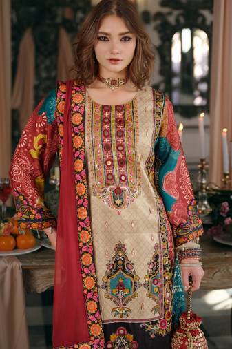 Multicolor printed silk blend kurta trouser dupatta set