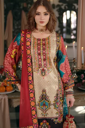 Multicolor printed silk blend kurta trouser dupatta set
