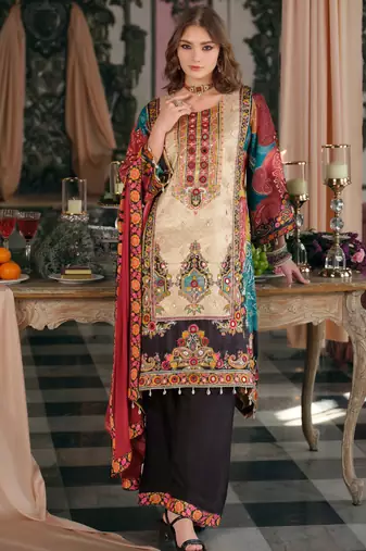 Multicolor printed silk blend kurta trouser dupatta set