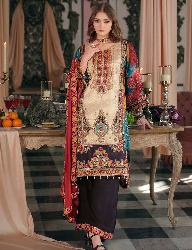 Multicolor printed silk blend kurta trouser dupatta set