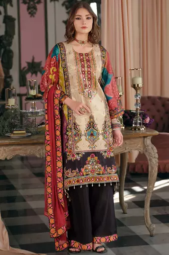 Multicolor printed silk blend kurta trouser dupatta set