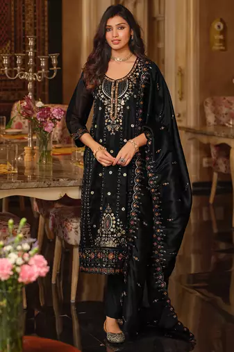 Black embroidered silk blend kurta trouser dupatta set