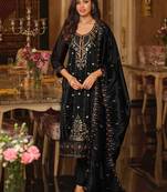 Black embroidered silk blend kurta trouser dupatta set