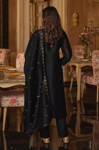 Black embroidered silk blend kurta trouser dupatta set