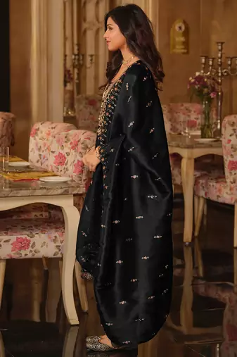 Black embroidered silk blend kurta trouser dupatta set