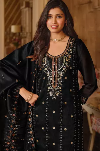 Black embroidered silk blend kurta trouser dupatta set