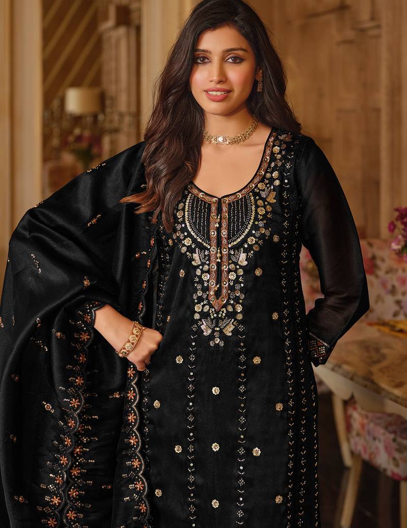 Black embroidered silk blend kurta trouser dupatta set