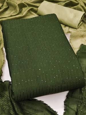Green Soft Chanderi Sequence Embroidery Work Unstitched Dress Material 1