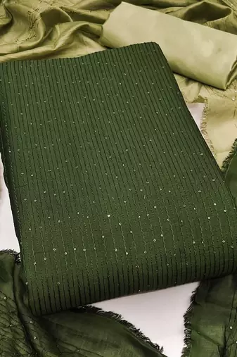 Green Soft Chanderi Sequence Embroidery Work Unstitched Dress Material