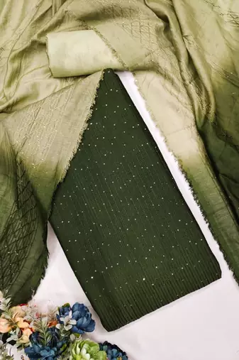Green Soft Chanderi Sequence Embroidery Work Unstitched Dress Material