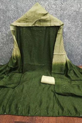 Green Soft Chanderi Sequence Embroidery Work Unstitched Dress Material