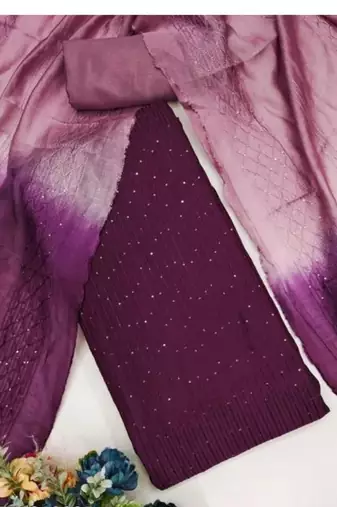 Purple Soft Chanderi Sequence Embroidery Work Unstitched Dress Material