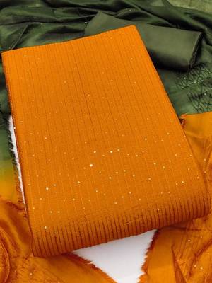 Orange Soft Chanderi Sequence Embroidery Work Unstitched Dress Material 1