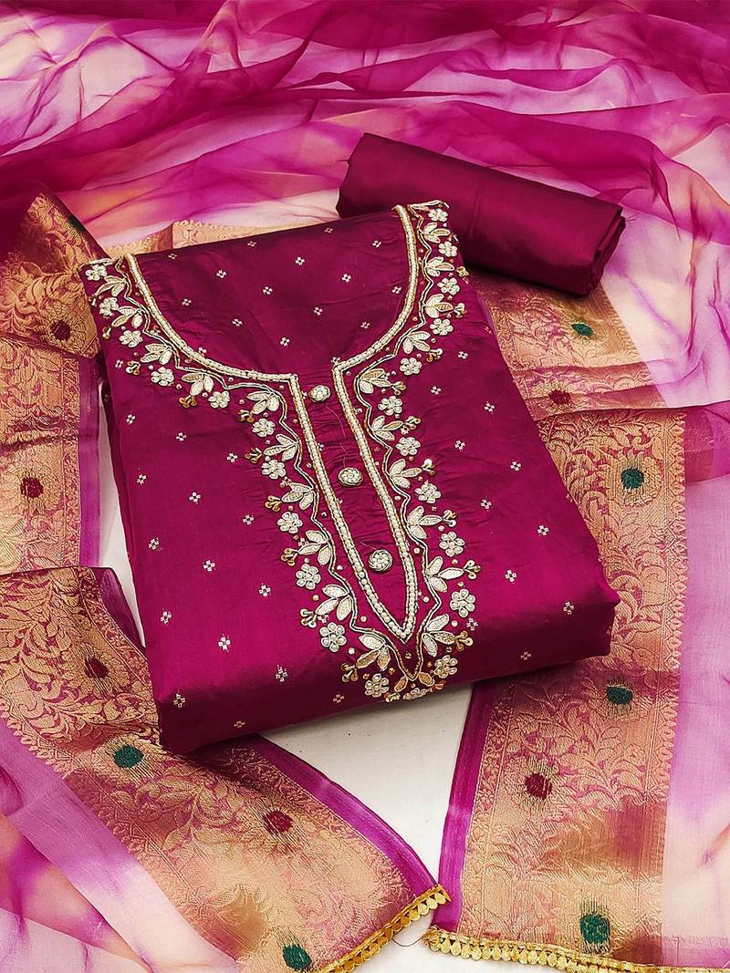 Ethnic Motifs Woven Design Beads And Stones Unstitched Dress Material