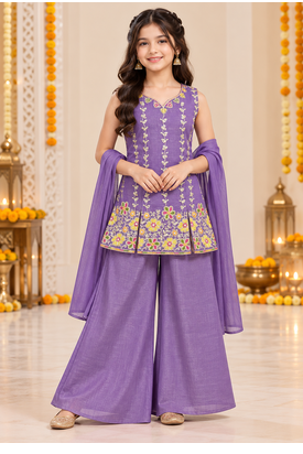 Purple floral embroidered organza kurti palazzo set with dupatta for girls 1