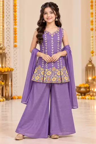 Purple floral embroidered organza kurti palazzo set with dupatta for girls