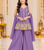 Purple floral embroidered organza kurti palazzo set with dupatta for girls