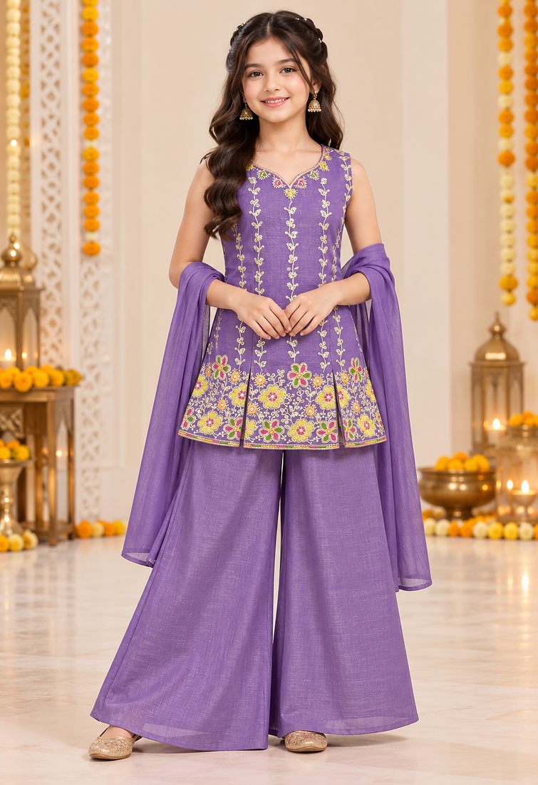 Purple floral embroidered organza kurti palazzo set with dupatta for girls