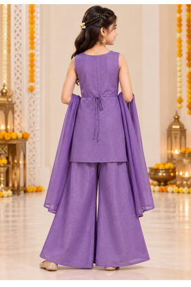 Purple floral embroidered organza kurti palazzo set with dupatta for girls 2