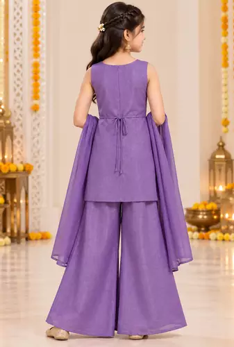 Purple floral embroidered organza kurti palazzo set with dupatta for girls
